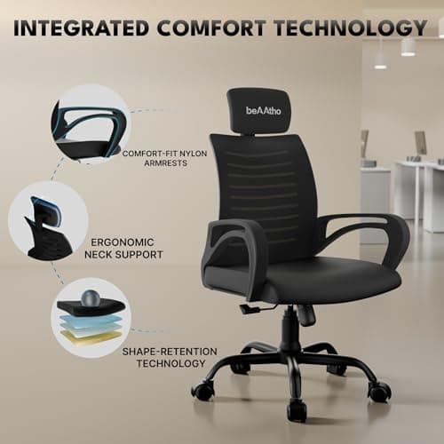 beAAtho® Verona Mesh High Back Ergonomic Home Office Chair with 3-Years Limited Warranty by beAAtho, Tilting & Height Adjustable Mechanism, Heavy Duty Metal Base Ideal for Office Work & Study (Black) 3