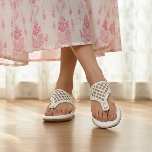 SELBRO Women’s Flat Heel T-Strap Fashion Sandals | Stylish Woven Design Thong Slippers for Weddings, Parties & Festive Occasions | Cushioned Comfort Footwear SLB-SLP135 3