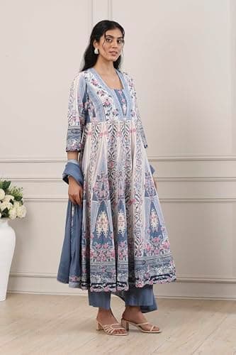 Biba Women Blue Cotton Anarkali Suit Set_34 4
