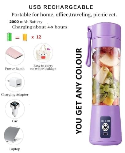 Portable Electric Blender Juicer l USB Rechargeable 6 Blades With 2000 Mah Rechargeable Battery l For Smoothies,Shakes,Juices,Lassi l For Home, Office, Gym & Outdoor Use l BPA Free-Multicolour (2) 3