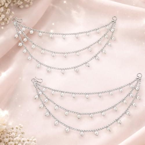 ACCESSHER Women's & Girls' Gold-Plated Multi-Layer Pearl Drop EarChain | Elegant 3-Layer Beaded Jewelry for Sarees, Lehengas & Ethnic Dresses | Perfect for Weddings & Special Occasions 2