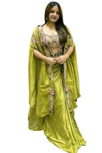 Fashion Since Women's Chinon Silk Embroidery Sequence Work Crop Top with Flared Sharara and Shrug Set Ethnic Salwar Set Pista Wedding