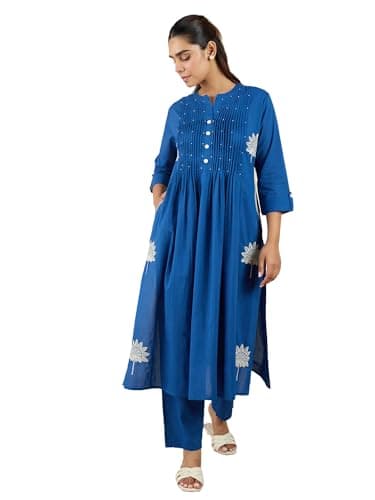 INDO ERA Women Blue Pure Cotton Co-Ord Set | Kurta Pant Set for Casual Wear,IESTR11685M | Cord Set For Women Cotton |