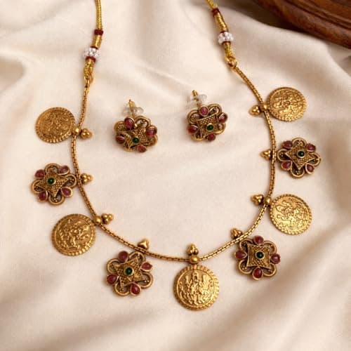 Dvina Glow South Indian Temple Coin Necklace Set for Women | Antique Gold Plated Coin Choker Haram with Floral Stone Stud Earrings | Traditional Bridal Festive Jewellery for Saree, Lehenga, Wedding 2