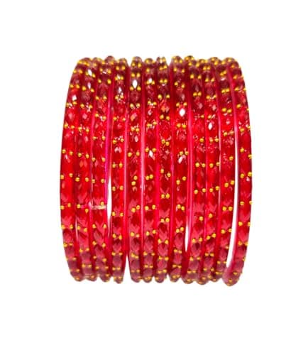 Tanush Women's Plain And Glossy Finished Raindrop Glass Bangles Set Premium Textured Shining Bangles With Bead Detailing Traditional Ethnic Chudi For Daily Wear Party Festive Use Set Of 12 Pcs (Red, 2