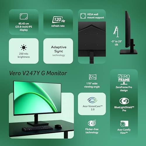 acer Vero V247Y G 23.8 Inch Full HD IPS Monitor I 120Hz Refresh, AdaptiveSync I 99% sRGB, 1500:1 Contrast I 2x2W Speakers I HDMI +VGA I ZeroFrame I VisionCare 2.0 I VESA I Energy Star I Black 2