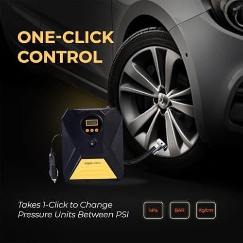 Amazon Basics Portable DC Digital Tyre Inflator for Cars & Bikes| 12V DC | 150 PSI Air Pump with Digital Pressure Gauge, Auto Shut Off and Emergency LED Light | 3M Cable Length, 3 Nozzles, Extra Fuse 3