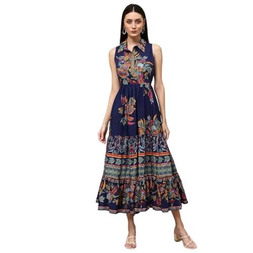 Biba Women Indigo Cotton Floral Tiered Dress_40