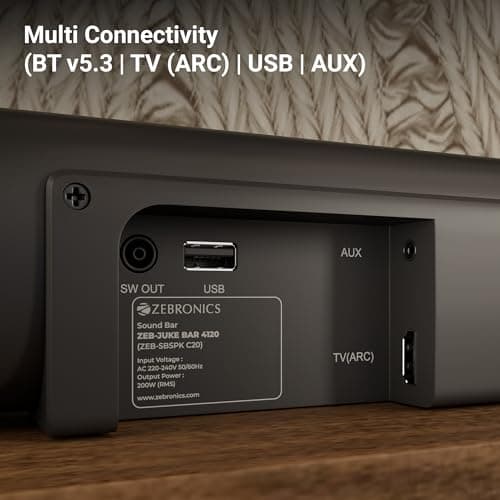 Zebronics 200W Soundbar with Dual Drivers, Virtual 5.1 Surround, 5.2" Subwoofer, BT v5.3, TV (ARC), USB, AUX, Wall Mountable, Karaoke, Wireless Mic, LED Display (Juke Bar 4120) 5