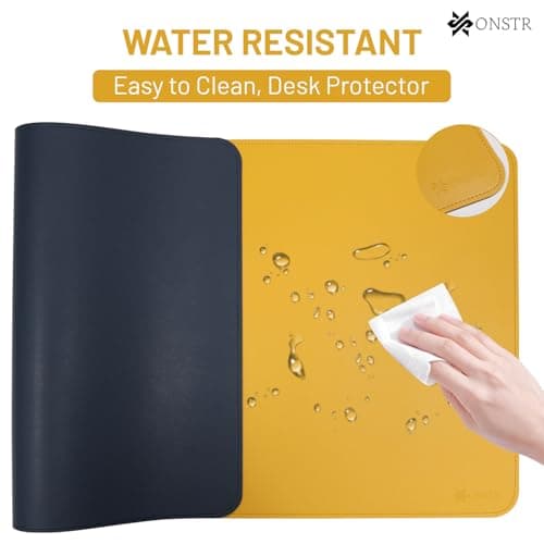 ONSTR Reversible Desk Mat 800×400mm – Dual-Sided PU Leather Office Table Pad – Waterproof, Anti-Slip Mouse Pad for Laptop, Keyboard – Work from Home, Office, Gaming -(Yellow & Nevy Blue) 4