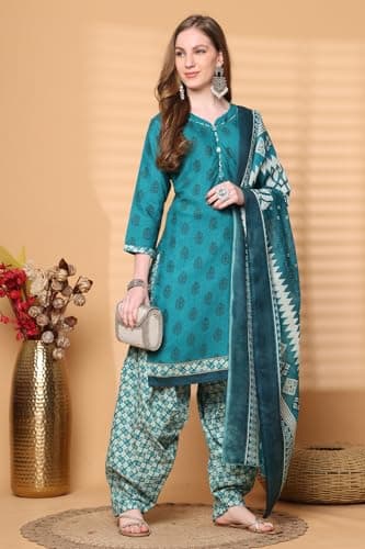 Rajnandini Women Teal Green Cotton Blend Printed Ready to Wear Patiala Salwar Suit (Readymade_S_JOPLVSRW5209-S) 5