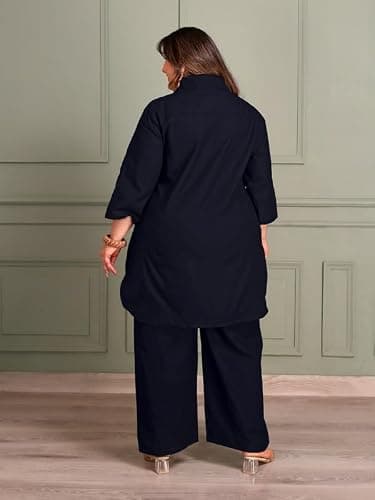 TITTLI Women Plus Size Cotton Co-Ord Set | Collared Shirt & Trouser Set | 3/4 Sleeve Tunic Shirt | Elastic Waistband with 2 Pockets Pants | Casual Wear Outfit | 3XL to 6XL Navy Blue 3