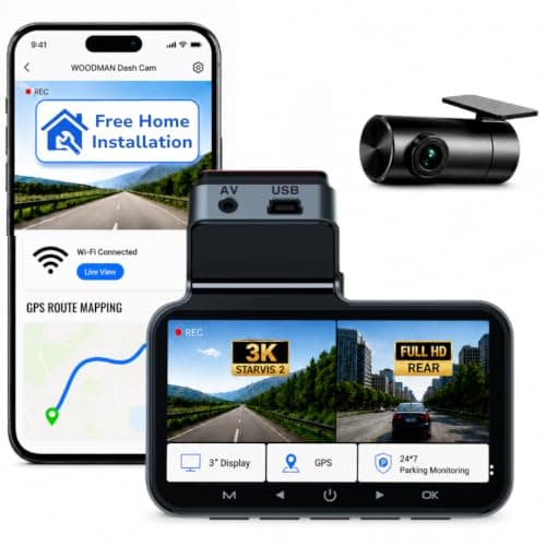 Woodman 3K Starvis2 Car Dash Camera | Dual Channel Front 3K + Rear Full HD | Night Vision | WiFi App | GPS | 24 * 7 Parking Mode | G-Sensor | 1 Year Warranty | Free Home Installation
