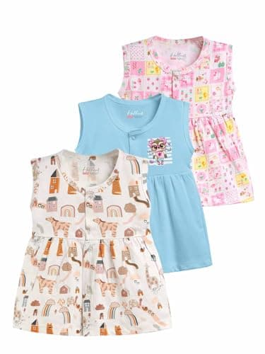 HELLCAT 100% Cotton Baby Frock Dress for Girls - Pack of 3, Soft & Trendy, Sleeveless (0-18M)_Brown/Sky Blue/Pink_6-12 Months