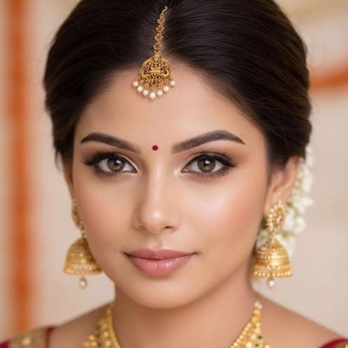 VAMA FASHIONS Traditional Matt Gold Plated Ruby CZ Stone Pearl Maangtikka Papdibilla Temple Maang Tikka Wedding Jewlery For Women & Girls (Laxmi maang tikka) 5