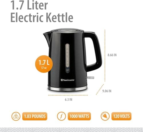 Toastmaster Electric Kettle by Select Brands - Cordless Electric Water Boiler for Coffee, Tea & More - Use This Electric Tea Kettle in Your Kitchen or Dorm - 1.7 Liters, Black 2