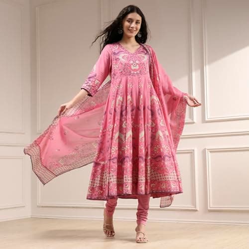 Biba Women Light Pink Cotton Anarkali Printed Kurta Set_32 2