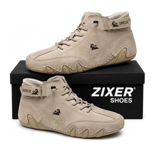 Zixer Men's Italian Suede Leather Velcro Sneakers - Comfortable Casual Walking Shoes with Laces Up, Soft AIR Mix and Non-Slip Sole for Everyday Wear Beige