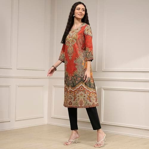 Biba Women Rust Cotton Straight Printed Kurta_34 3