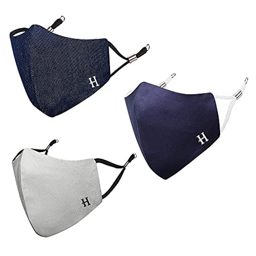 MASQ Alphabet H 4 Layer, Reusable, Breathable, Anti-Bacterial (BFE>99%) Embroidered 100% Pure Cotton Cloth Face Mask Combo with Ear Adjusters for Unisex, Men, Women (Navy-Grey-Denim, Pack of 3)