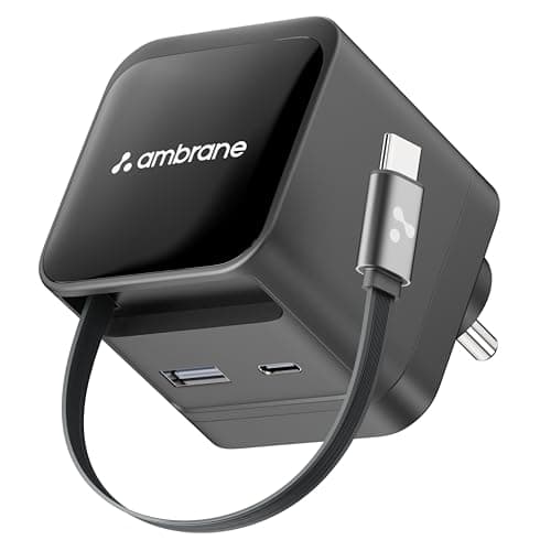 Ambrane 65W GaN Superfast Wall Charger with Type-C Cable, 2 Ports (1 USB & 1 Type C) 65W Output Compatible with iPhone, Samsung, MacBook & Type-C Laptop, OnePlus, Nothing (Charge 65,Black)