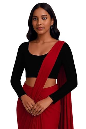 XOLANI Readymade Cotton Fitted Saree Blouse for Women Full Sleeve Square Round U Neck Regular fit Stretchable Pullon Western Stylish Crop Top VX17 1059 L BLK Black 3