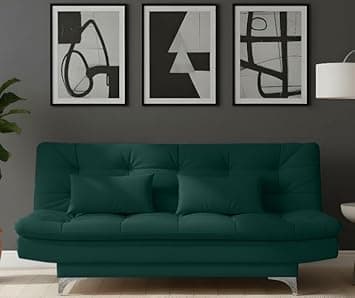 AMATA Eagle Solid Wood 3 Seater Sofa Cum Bed Green Suede Velvet Fabric with Two Cushions Perfect for Home Living Office Room and Guests (Green, Medium)(3 Year Warranty)