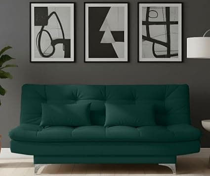 AMATA Eagle Solid Wood 3 Seater Sofa Cum Bed Green Suede Velvet Fabric with Two Cushions Perfect for Home Living Office Room and Guests (Green, Medium)(3 Year Warranty)
