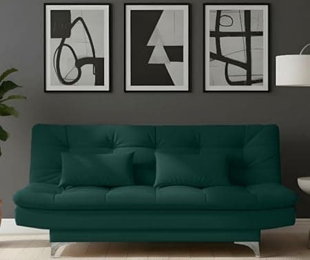 AMATA Eagle Solid Wood 3 Seater Sofa Cum Bed Green Suede Velvet Fabric with Two Cushions Perfect for Home Living Office Room and Guests (Green, Medium)(3 Year Warranty)