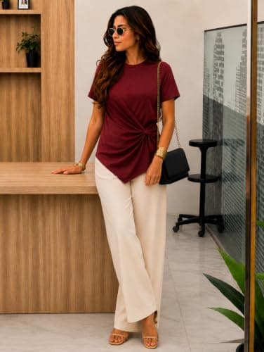 Zilcon Women's Plum Twist-Knot Asymmetrical Trendy T-Shirt for Women & Girls(Red_XL) 4
