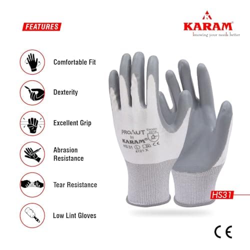 Karam HS31 Safety Gloves for Mechanical Hazards | Safety Work Gloves with White Liner with Grey Nitrile Coating | Industrial Use | Cut Resistant | Abrasion, Tear & Puncture Resistant | Size-M 4