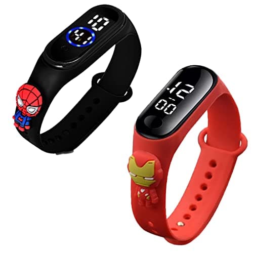 Goldenize Fashion Multicolor Digital Dial Waterproof Stylish and Fashion Child Wrist Smart Watch LED Band for Kids,Colorful 3D Cartoon Super Hero for Kids,Boys & Girls (Black Spider-Red Army)