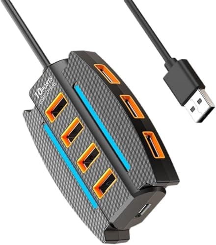 SPIN CART 10-Port USB 2.0 Hub with RGB Lighting, High-Speed Multi Hub Splitter, 1.2m Cable, Power Adapter, Carbon Fiber Pattern Design for Desktop, Laptop