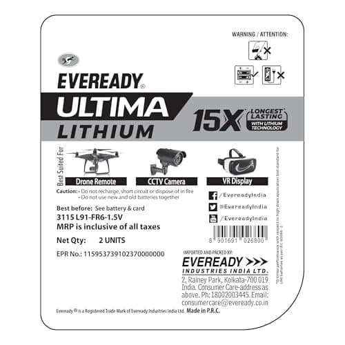 EVEREADY Ultima Lithium AA Batteries – Pack of 2, 15X Longest Lasting, Anti-Leak Technology, Lightweight for High Performance Devices 2