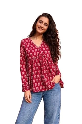 PD CLORI Women's Block Print Peplum Top, V-Neck, Full Sleeves, Floral Print, Casual Wear (in, Alpha, M, Regular, Red)
