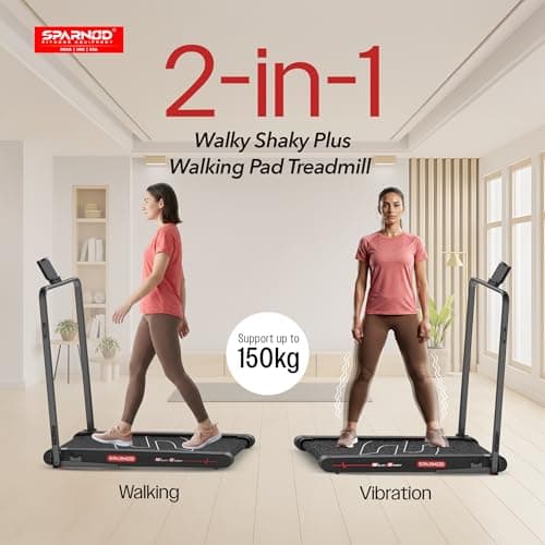 Sparnod Fitness WalkyShaky Plus Treadmill for Home Use – 3HP Motor, 3-6 km/h, Foldable, LED Display, 4 Vibration Modes, 900x390mm Running Surface, Remote Control & Phone/Tablet Holder 120kg Capacity 2