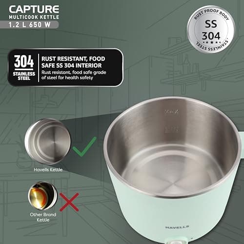 Havells Capture 1.2 L Multi-Cook Electric Kettle with Steamer | 650W |304 Stainless Steel Inner Body|Cooks Noodles, Rice, Milk | Cool-Touch Body | 2 Years Door Step Warranty by Havells (Green) 5