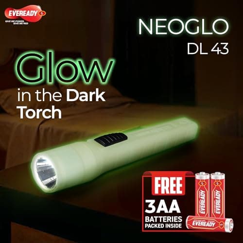 EVEREADY DL43 Neoglo, 1W Emergency Torch, Eveready’s 1st Glow-in-The-Dark Flashlight, Durable ABS Phosphorescent Body, Bright White LED, Powered by 3xAA Eveready Batteries (Included) 3