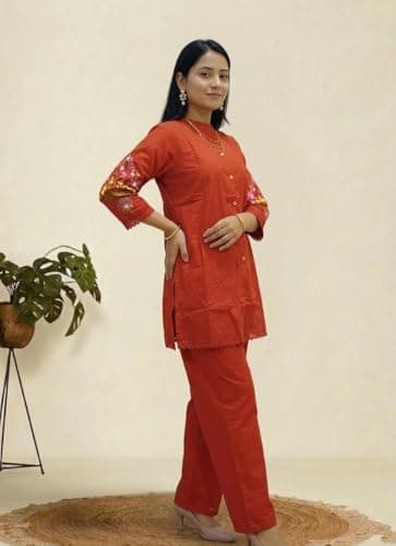 Aryans Design Den ADD Women’s Front Solid Back Side Print Pure Cotton Co-Ord Set | Stylish Embroidered Button-Down Kurta with Straight Pants | Soft Breathable Ethnic Co-Ord Set (Orange, M) 3