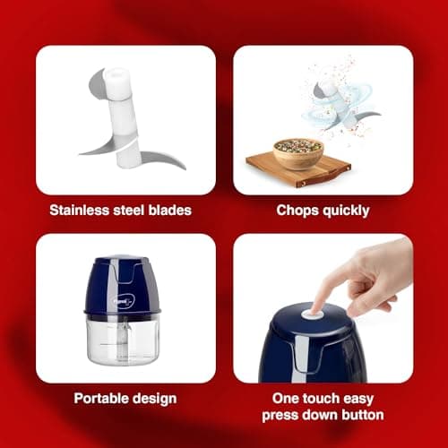 Pigeon Zoom Electric Chopper 250 ml, Portable with 3 Stainless Steel Blades for Effortlessly Chopping Vegetables and Fruits - Blue 30 Watt 3