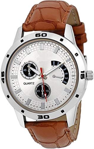 Acnos® Premium Brown Leather Belt Chonograph Good Looking White Dial Analog Watch For Men Pack Of - 1