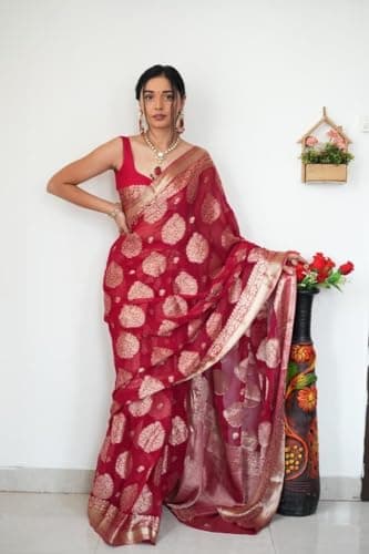 Shiv Textiles Women's Silk Blend Dual Tone Jacquard Ready To wear Saree(S-5039-Red) 3