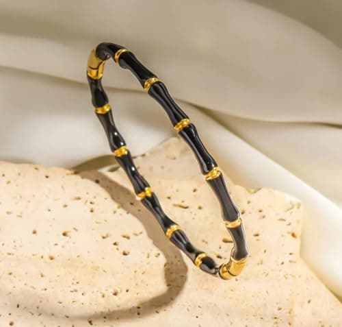 Frolics India Black and Golden Bamboo Style Stainless Steel Black and Gold Bracelet for Girls & Women | Premium Minimalist Bangle | Bracelet Fashion Accessory | Anti-Tarnish, Waterproof Jewellery 3