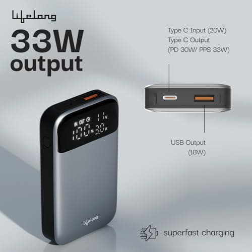 Lifelong Electronics 10000mAh Slim Compact Power Bank | Type C Input | 2 Output Ports (Type C & Type A) | 33W Fast Charging Powerbank | Cable Included |Ideal for Mobiles, Earbuds, Speakers (Grey) 2