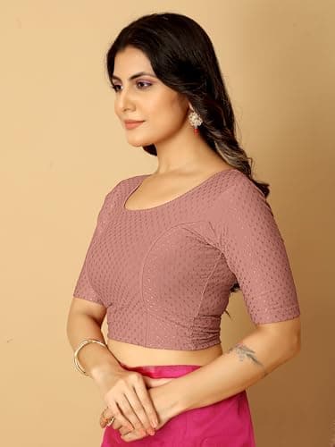 Amazon Brand - Anarva Round Neck Dobby Cotton Lycra Stretchable Elbow Sleeve Readymade Saree Blouse for Women Stylish (Cotton-dobbi-Dusty-Pink-XL) 4