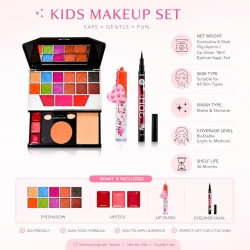 All in One Makeup Kit for Girls | Eyeshadow Palette, Lip Gloss, Eyeliner Kajal | Colorful Pretend Play Makeup Set | Kids Gift Set 3