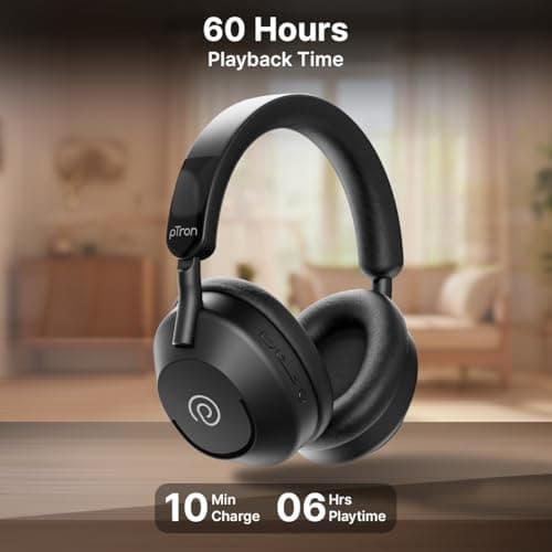 pTron Studio Ultima w/ 60Hrs Playtime, 40mm Drivers, Custom EQ, Mobile App, Wireless Over Ear Headphones w/HD Mic & TruTalk AI-ENC Calls, BTv5.4, Dual Device Pairing & Type-C Charging (Jet Black) 5
