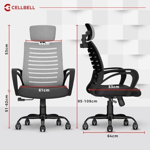 CELLBELL Desire C104 Mesh High Back Ergonomic Office Chair - Adjustable Seat Height, Sturdy Metal Base, Revolving Study & Computer Chair for Work from Home, Grey 2