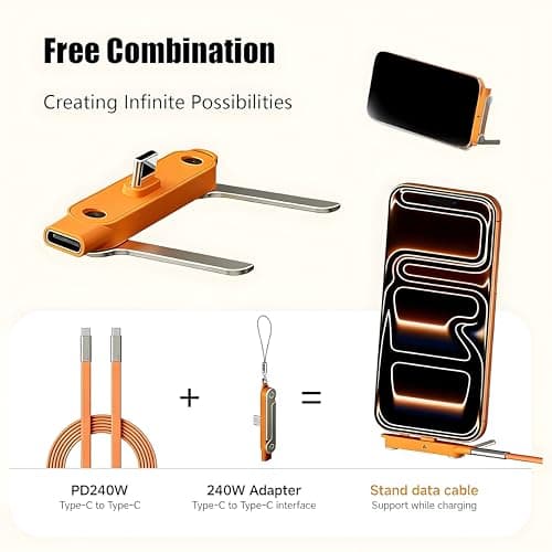 2 in1 240W USB C to USB C Fast Charging Cable with Adjustable & Detachable Phone Stand, Multi-Angle Type C Charger Cord for Smartphones, Tablets & Laptops, High-Speed Data Transfer Charging Cable 2