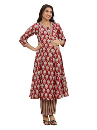 MomToBe Maternity Kurta Set for Women | Cotton Pregnancy & Feeding Friendly Kurti Set | Comfortable Indian Ethnic Wear (Carmine Red : Large)